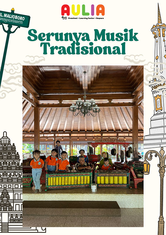Berfoto di depan musik tradisional